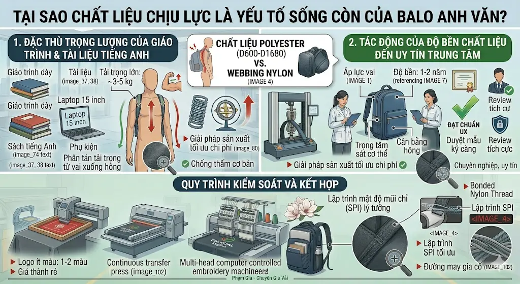 Tiêu chuẩn chất liệu may balo anh văn chịu lực: Bí quyết bền bỉ cho học viên